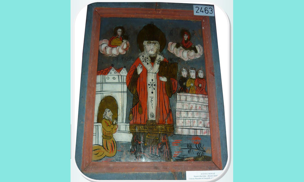 Read more about the article Obiect aflat în colecția Muzeului de Etnografie și Artă Populară Orăștie: Pictură pe sticlă reprezentându-l pe Sfântul Arhiereu Nicolae