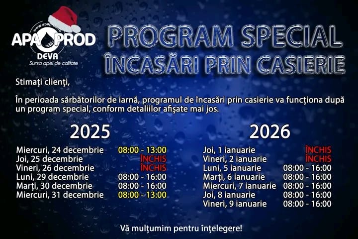 Read more about the article APA PROD PROGRAM SPECIAL PENTRU ÎNCASĂRI ÎN PERIOADA SĂRBĂTORILOR DE IARNĂ