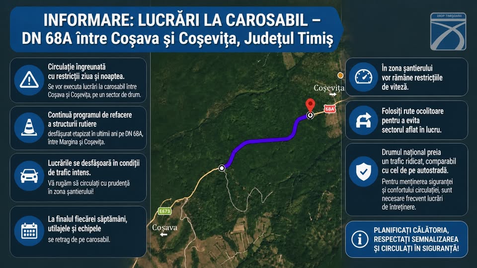 Read more about the article Atenţie, şoferi! Pe DN 68A, între Coșava și Coșevița, se execută lucrări la carosabil