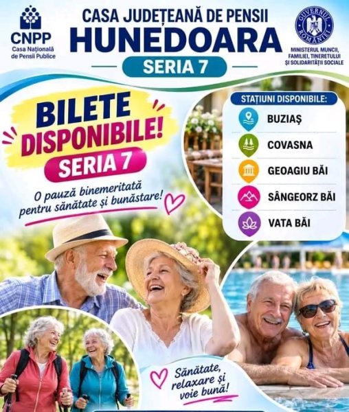 Read more about the article Casa Județeană de Pensii Hunedoara: Au rămas bilete de tratament disponibile pentru seria din august
