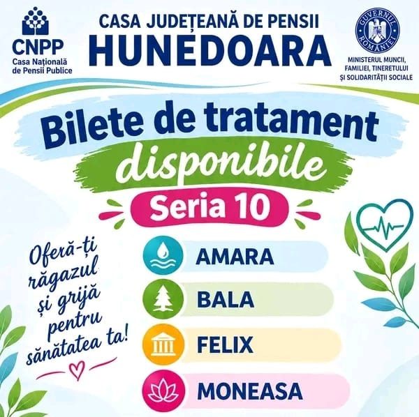 Read more about the article Bilete de tratament balnear disponibile pentru seria a X-a. Patru stațiuni mai au locuri libere